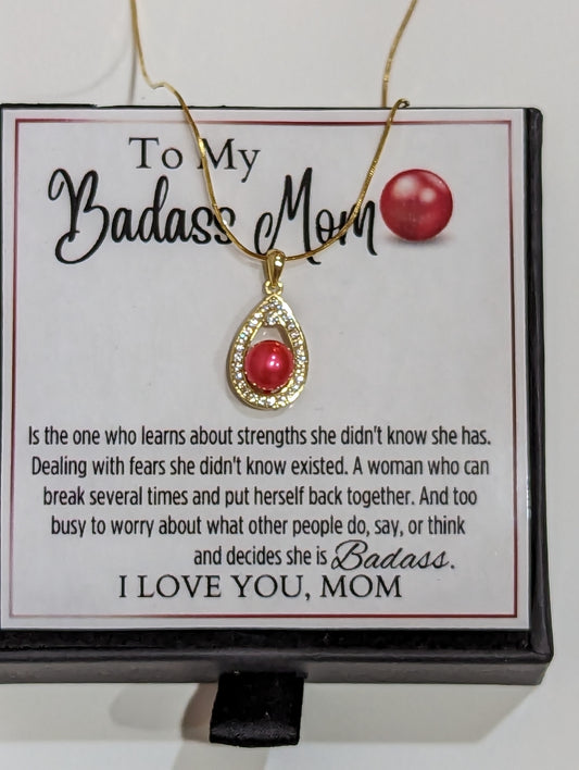 Freshwater Red Pearl- To My Badass Mom Gold Plated Necklace