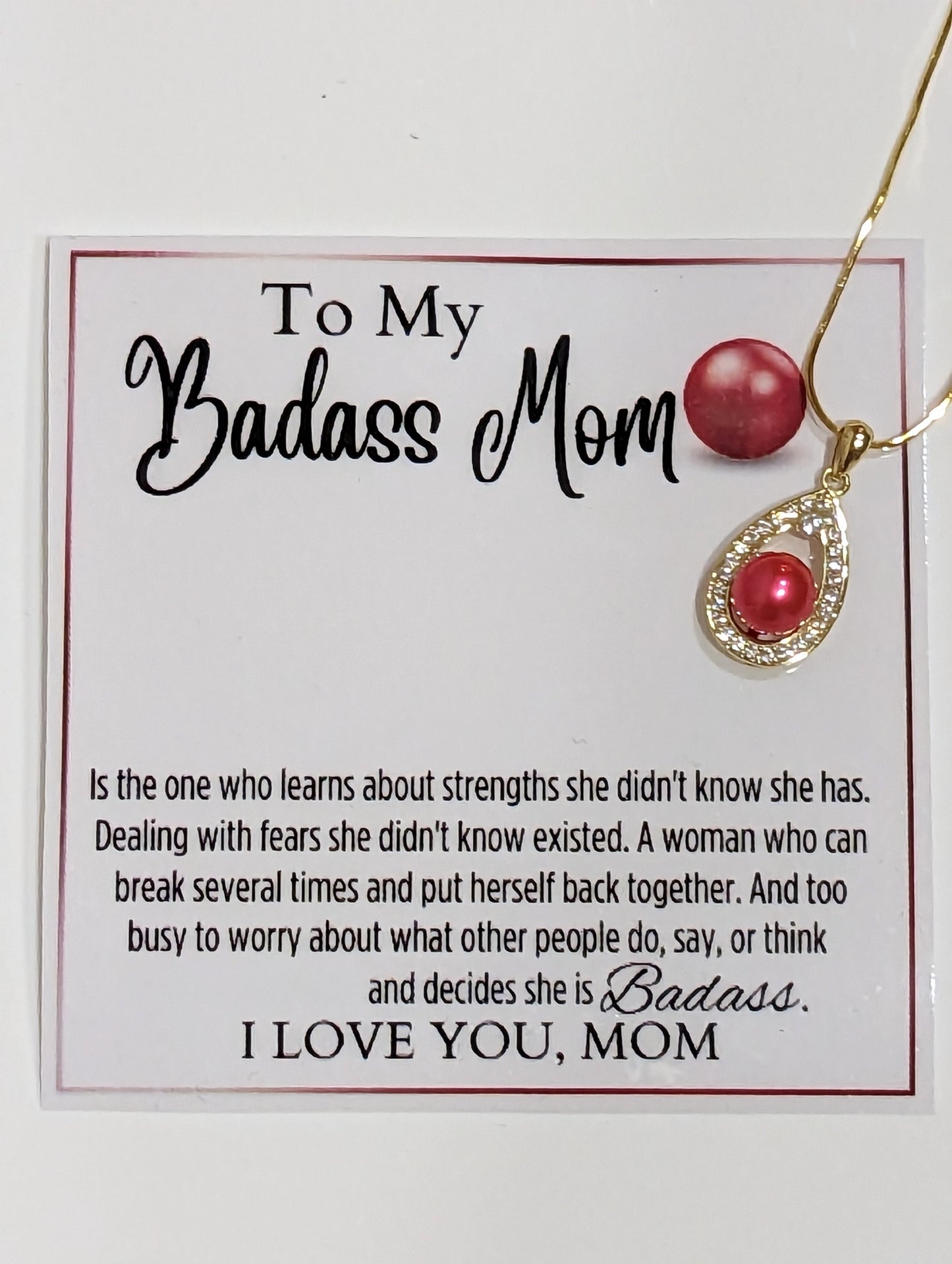 Freshwater Red Pearl- To My Badass Mom Gold Plated Necklace