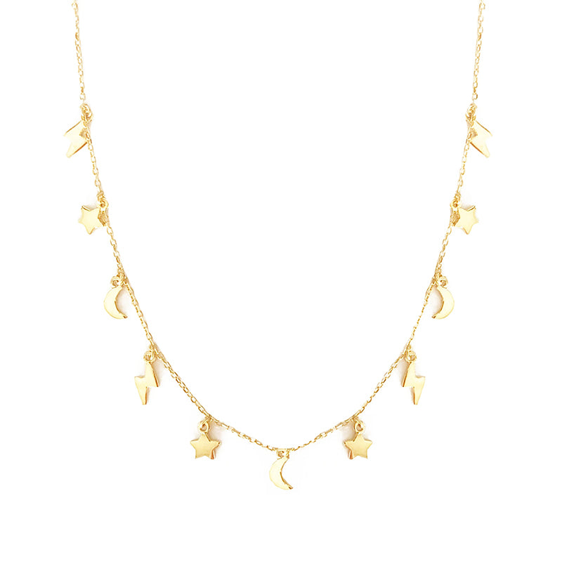 Mini Lightning, Moon & Stars Gold Plated Necklace