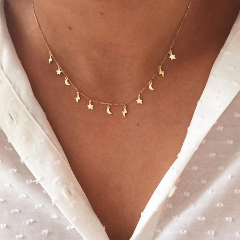 Mini Lightning, Moon & Stars Gold Plated Necklace