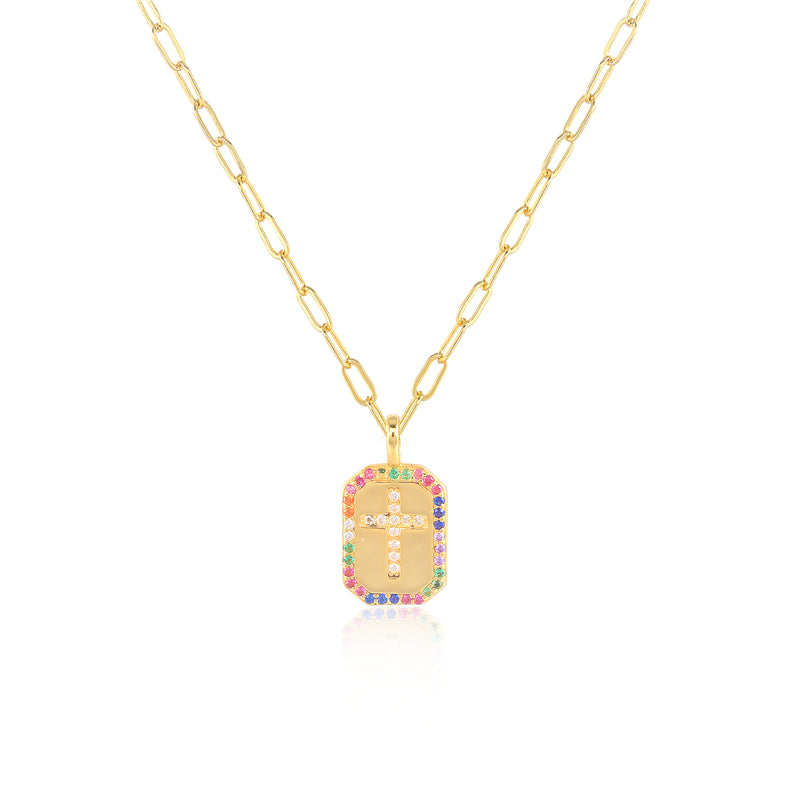 Rainbow Pave Cross Pendant Gold Plated Necklace
