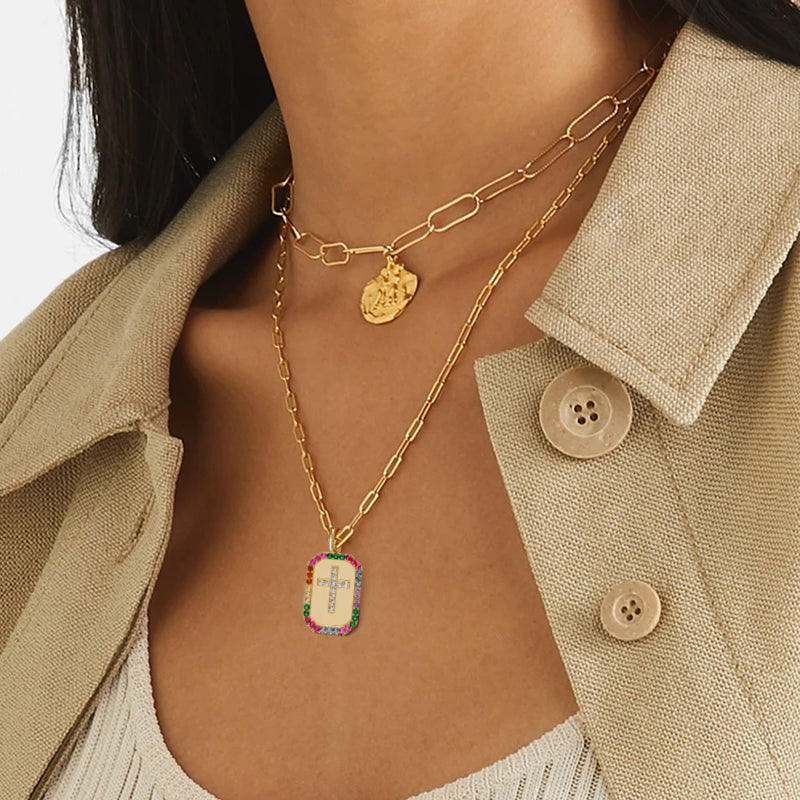 Rainbow Pave Cross Pendant Gold Plated Necklace